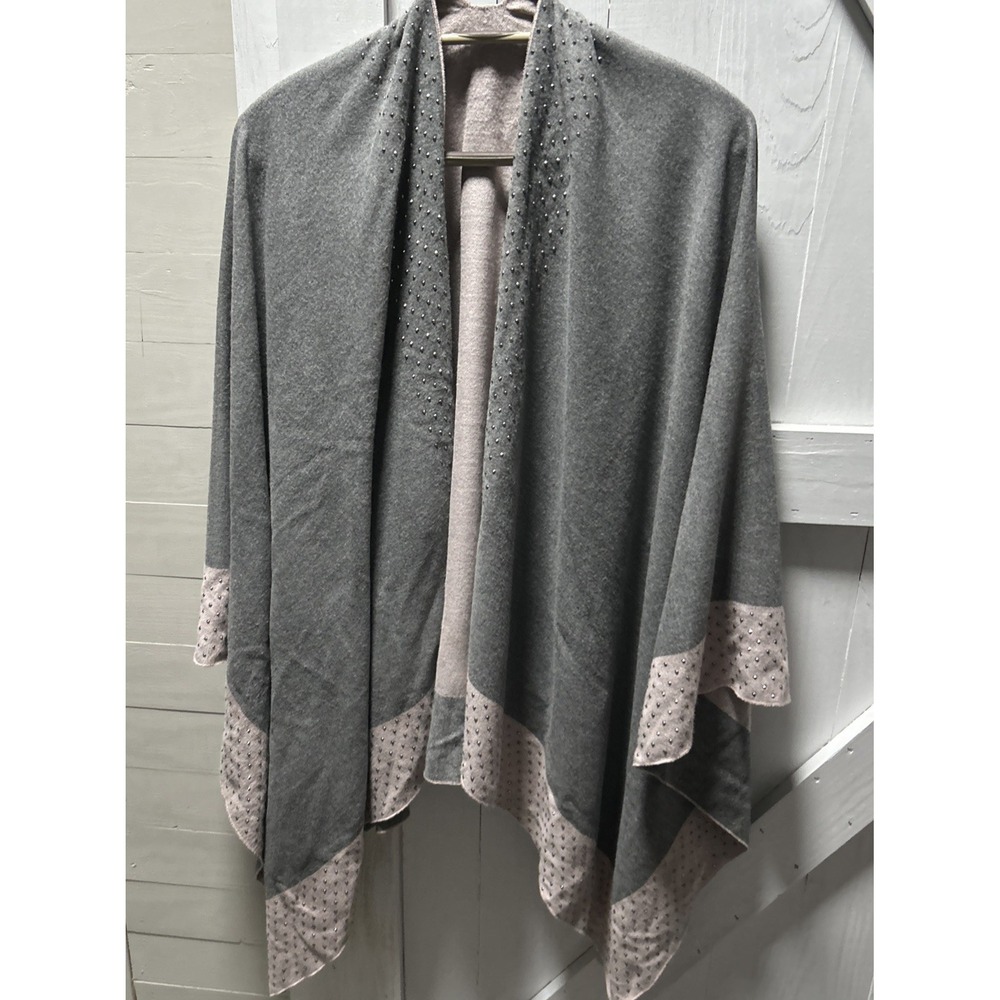 Pretty Persuasions Open Poncho Shawl Light Pink/Gray Studded Trim 100% Rayon